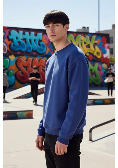 Benerly Erkek Bisiklet Yaka Düşük Kol Oversize Kalın Nakışlı Sweatshirt F Lacivert