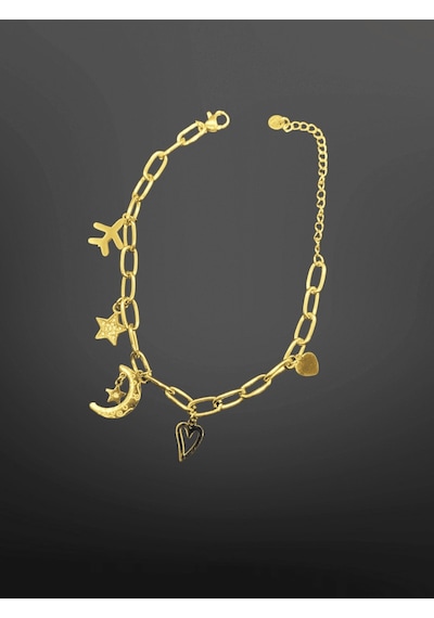 Gold Renk Charm Figürlü 316l Çelik Zincir Bileklik Ay, Yıldız, Kalp Detaylı Şık Tasarım Gold