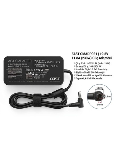 Nbtech Fast C21 19.5v 11.8a 230w 5.5x2.5mm Asus Toshiba Excalibur Monster Notebook Şarj Aleti