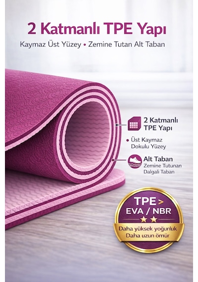 CKSpor Profesyonel Tpe Yoga Matı 6 Mm Kaymaz Taban Çift Katmanlı Spor Matı Pembe