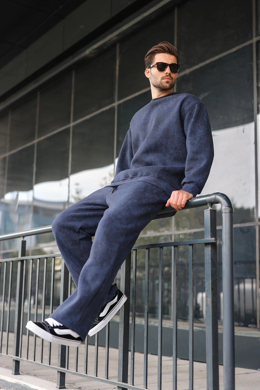Madmext Lacivert Bisiklet Yaka Batik Desenli Erkek Sweatshirt Pantolon Takım E7344 Lacivert