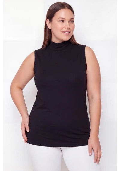 Terrien Tekstil Ürün Mevsimlik Giysi Alternatif Hediye Kadın Büyük Beden Balıkçı Yaka Kolsuz Body Siyah