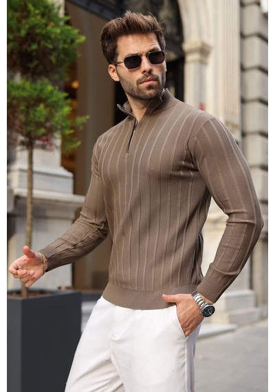Madmext Açık Kahve Slim Fit Hakim Yaka Fermuarlı Erkek Triko Kazak E7518 Açık Kahverengi