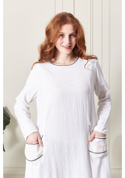 Cep İşlemeli Uzun Keten Elbise - Zarif Ve Rahat Beyaz