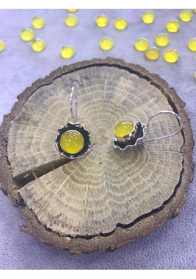 Sarı Akik Taşlı Gümüş Kadın Küpe 925 Ayar