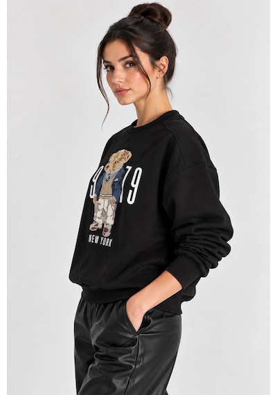 Mevese Kadın Rahat Kesim Teddy Ayıcık Nakış Detaylı Sweatshirt- Siyah