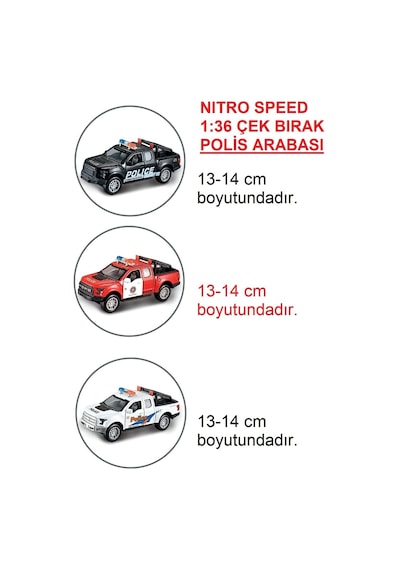 Nıitro Speed 1:36 Çek Bırak Polis Arabası 3'lü Siyah, Kırmızı, Beyaz