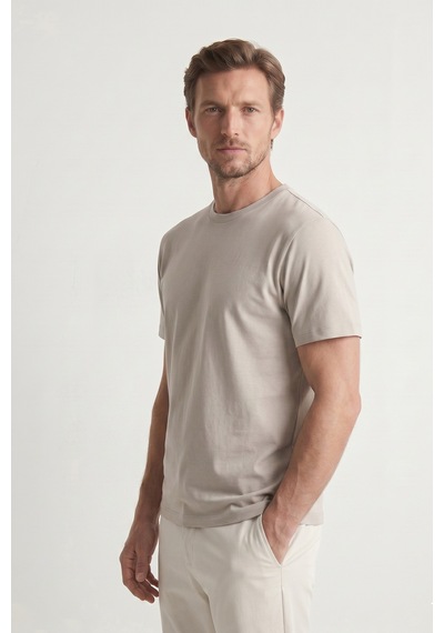 Elemge Pamuk Likra Vücuda Oturan Magic Fit Bej Erkek T-shirt Compact Penye Kısa Kol Esnek Tişört Elastan