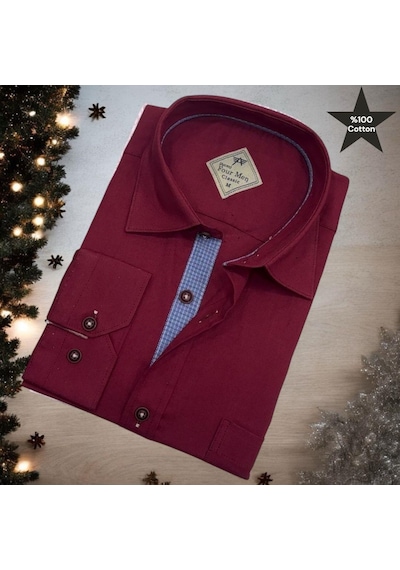Pamuklu Oxford Uzun Kollu Unisex Gömlek Slim Fit Bordo
