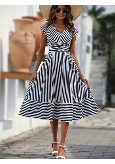 Alyn Wear Kadın Kısa Kollu V Yakalı Çizgili Süprem Midi Elbise Çok Renkli