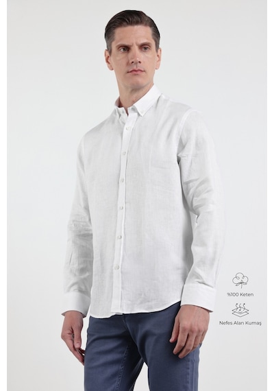 İmza Beyaz Keten Düğmeli Yaka Uzun Kol Cepsiz Slim Fit Keten Gömlek 1004260161 M