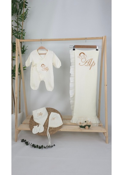 Gros Shop Müslin Yeni Doğan 4katlı Organik %100pamuk Kişiye Özgü Nakışlı Hastane Çıkış Seti Gökkuşağı Model2 Ekru-2