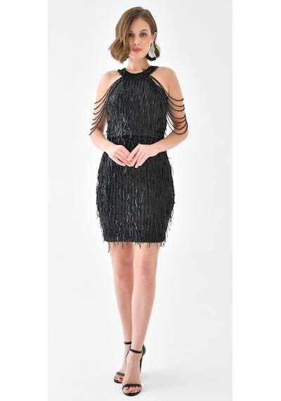 Hanife Glam Couture Hanife Glam Halter Yaka Taş Tasarımlı Saçaklı Pul Payet Mini Elbise Siyah