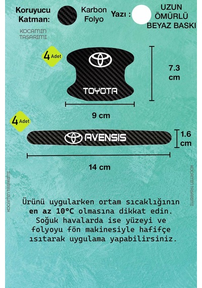 Araç Modeline Özel Toyota Avensis Karbon Kapı Kolu Koruma Seti Beyaz Yazılı 8 Parça Şık Tasarım