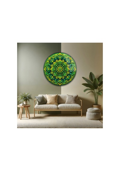 Bohem Yeşil Modern Mandala Tasarım Desenli Yuvarlak Dekoratif Cam Tablo Bohem Temalı Dekoratif Duvar Tablosu, Salon, Yatak Odası Ve Çalışma Alanı Dekoru, 80x80 Cm
