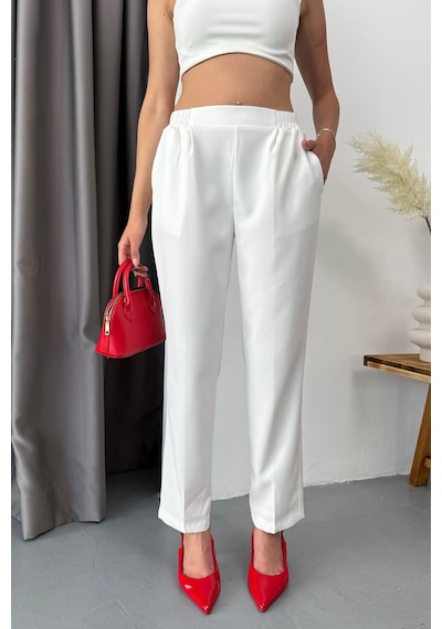 Giysa Kadın Beli Lastikli Çift Cepli Havuç Kesim Pantolon Beyaz - 3229