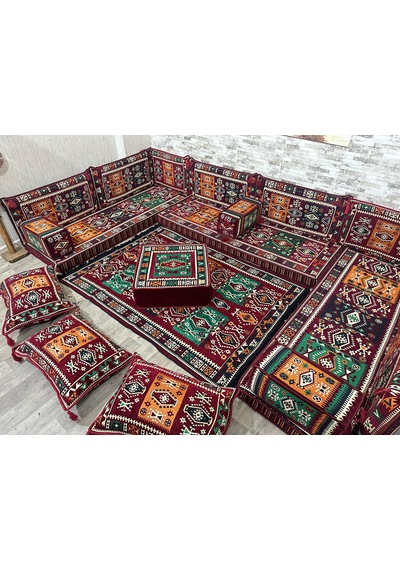Coton Şark Köşesi Bordo Milas Desenli Minder Takımı