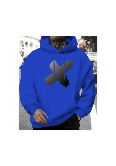 Herkesemoda X Baskı Detaylı Kapüşonlu Sweatshırt Mavi