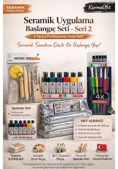 Seramik Başlangıç Seti-2 2.5 Kg Kil + 6'lı Akrilik Boya + 4'lü Fırça + Spatula