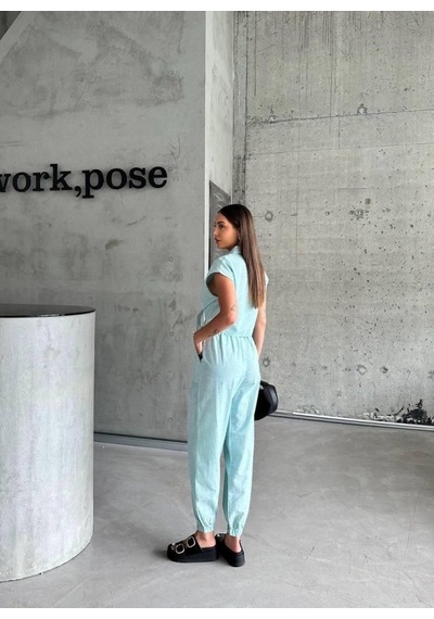 Soonaksesuar Çizgili Keten Kolsuz Crop Pantolon Takım - Yeşil Yeşil