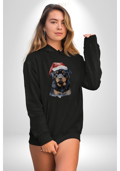 Yeni Yıl Noel Rottweiler Kadın Erkek Siyah Kapüşonlu Sweatshirt Hoodie Siyah