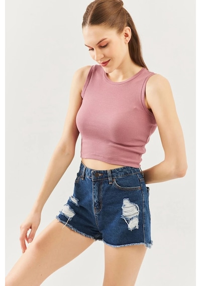 Butikgiz Kadın Sıfır Kol Bisiklet Yaka Vücuda Oturan %100 Pamuklu Kaşkorse Esnek Crop Bluz Gül Kurusu