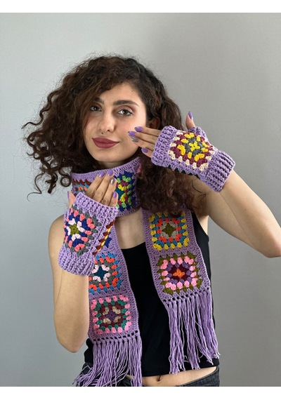 Gönülden Tasarım El Örgüsü Etnik Motif Desenli Atkı Eldiven Set Atkı 180 Cm Lila