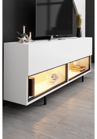 Ekol Siyah Demir Ayaklı Rgb Led Işık Sistemli Beyaz Tv Ünitesi Tv Sehpası M2 Beyaz - Siyah Ekol Siyah Demir Ayaklı Rgb Led Işık Sistemli Beyaz Tv Ünitesi Tv Sehpası M2 Beyaz - Siyah