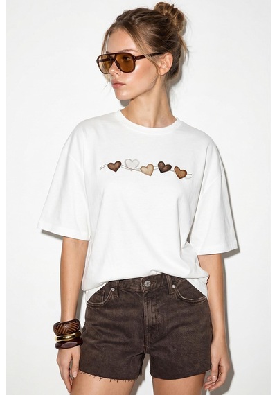 Shade Kadın Bisiklet Yaka Kalp Baskılı Oversize Pamuklu T-shirt Öt100012 60286271 - Beyaz