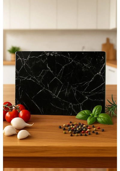 Siyah Mermer Görünümlü Cam Kesme Tahtası Kırılmaz, Oval Kenarlı 20x30 Cm Hijyenik Kesme Tahtası Siyah Mermer