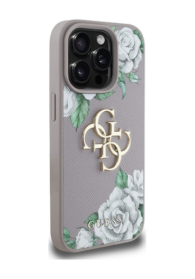 Apple Uyumlu iPhone 15 Pro Max Kılıf Guess Lisanslı Gül Baskılı Büyük Metal Logo Dizaynlı Kapak Mor