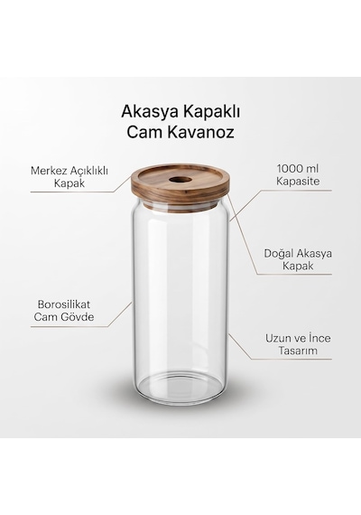 Tr Akasya Kapaklı Yuvarlak Borosilikat Cam Kavanoz 1000 Ml, 9 20 Cm, Orta Delikli Ahşap Kapak, Şeffaf Makarna Bakl Diğer