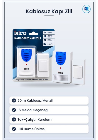 Kapı Zili Kablosuz Pilli Melodi 50 M Menzil Ev Ofis Dükân Girişi