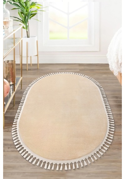 Vl Comfort Düz Saçaklı Peluş Düz Yolluk Bej Oval Vizon Ponpon