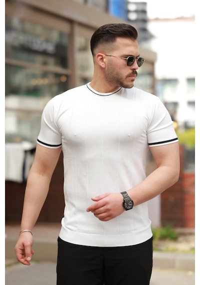 Erkek Bisiklet Yaka Çizgi Desenli Ribanalı Kısa Kollu Tshirt Beyaz