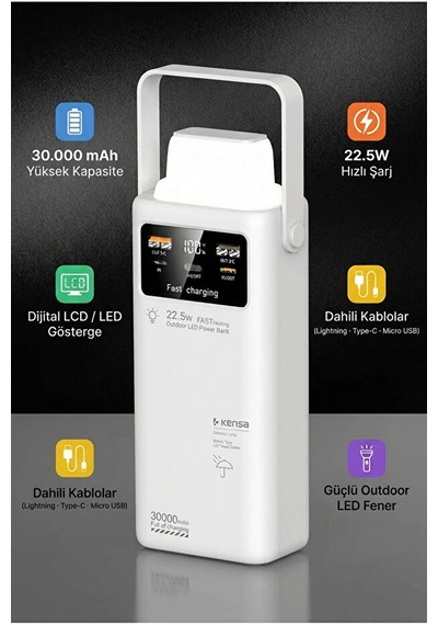 30.000 Mah Outdoor Led Işıklı Hızlı Şarj Powerbank Usb-c & Çoklu Cihaz Desteği Beyaz
