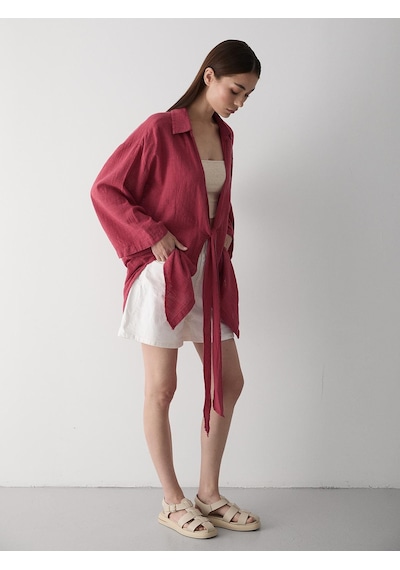 Laluvia Bordo Flam Keten Kimono Gömlek Bordo