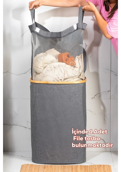 Porsima Mio-101 Bambu Banyo Kirli Çamaşır Sepeti Banyo Düzenleyici Sepet 44x66 Cm Renkli