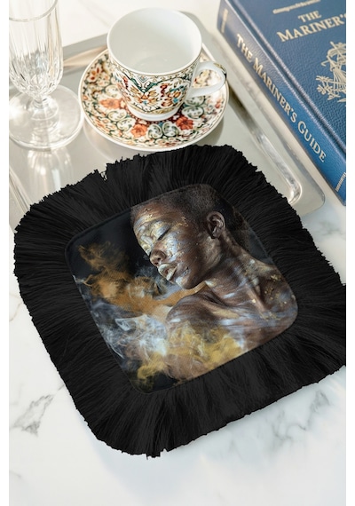 Sanatsal Işıltılı Saçaklı Sunum Peçetesi - Afro Dokunuşlu Bohem Siyah Bardak Altlığı Mendil Soft Göl Bronz
