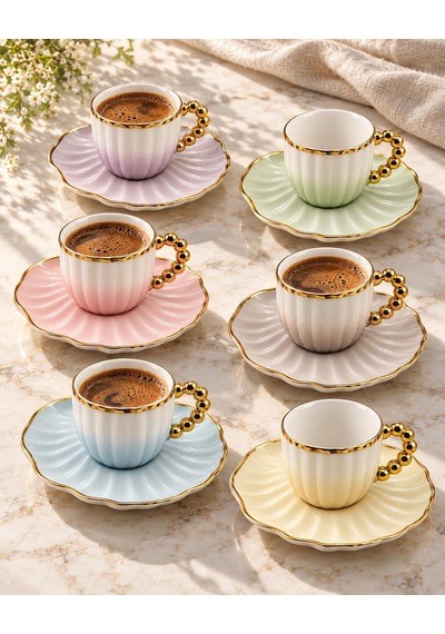 Valkyrie Perla Serisi 6 Kişilik 12 Parça Porselen Türk Kahvesi Fincan Takımı Pastel Gold Renkli çok renkli