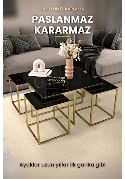Alberta 5 Parça Gold Zigon Sehpa Takımı Orta Sehpa Yan Sehpa siyah Cam Kurulu Hediye 75x75 Alberta 5 Parça Gold Zigon Sehpa Takımı Orta Sehpa Yan Sehpa siyah Cam Kurulu Hediye 75x75