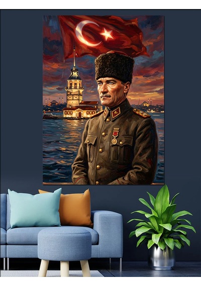 Türk Bayrağı Ve Üniformalı Atatürk Dekoratif Kanvas - Mdf Ahşap Tablo