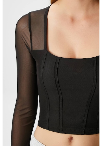Ritnice Kadın Alina Korse Görünümlü Siyah Tül Crop Bluz
