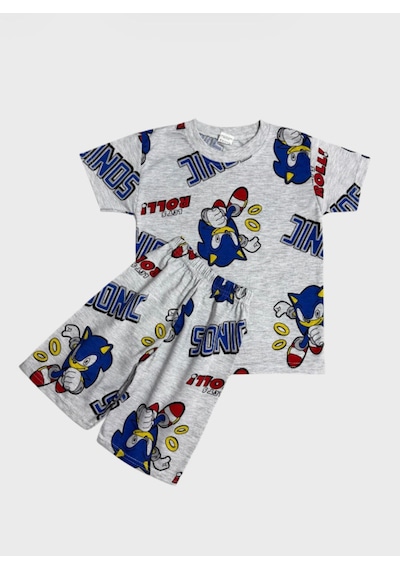 Aliş Kids Erkek Çocuk Pamuklu Gri Sonic Desenli Kısa Kollu Şortlu Yazlık Pijama Takımı