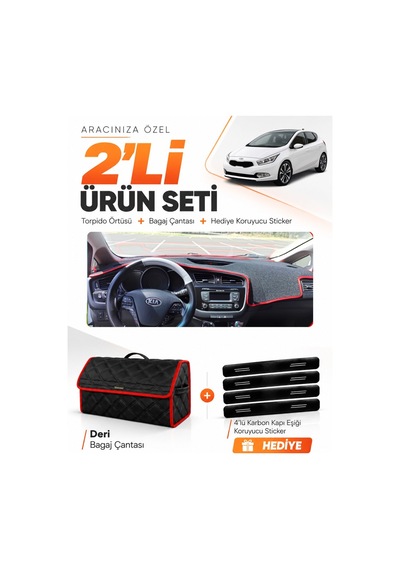 Kia Ceed 2013-2019 Uyumlu Torpido Örtüsü + Deri Bagaj Çantası + Sticker Seti - Siyah Kırmızı