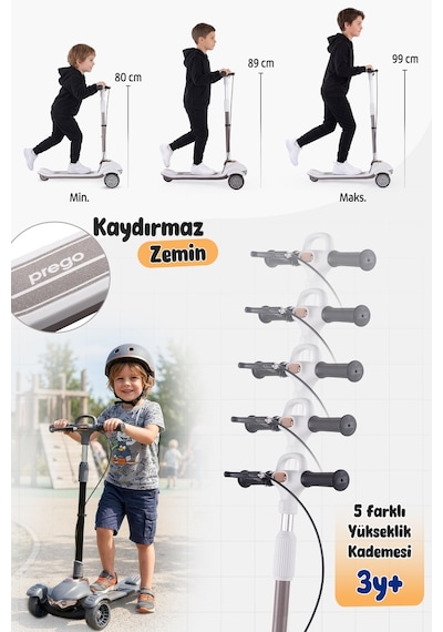 Prego Veyron Bluetoothlu Müzikli Işıklı Çocuk Scooter Katlanabilir - Yükseklik Ayarlı Bej