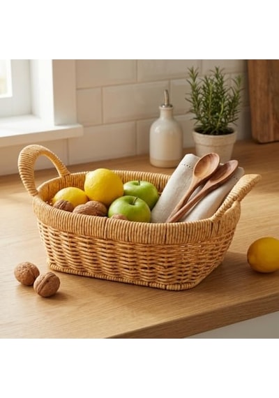 Tr El Yapımı Doğal Hasır Sepet - Örgü Kulplu Oval Çok Amaçlı Düzenleyici Ve Sunumluk 26x20x9.50 Cm Diğer