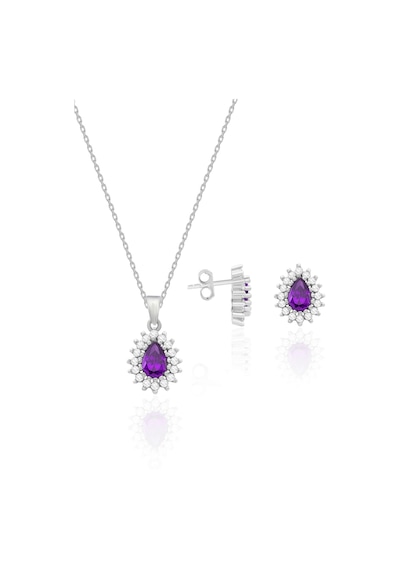 Gümüş Set Ametist Taşlı Kolye Küpe Kadın İkili Set 925 Ayar St125 Mor