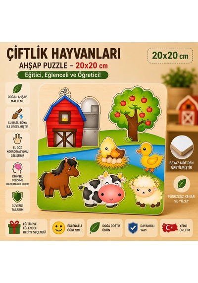 Çiftlik Hayvanları Ahşap Puzzle - Eğitici Ve Öğretici Okul Öncesi Zeka Oyunu 20x20 Cm