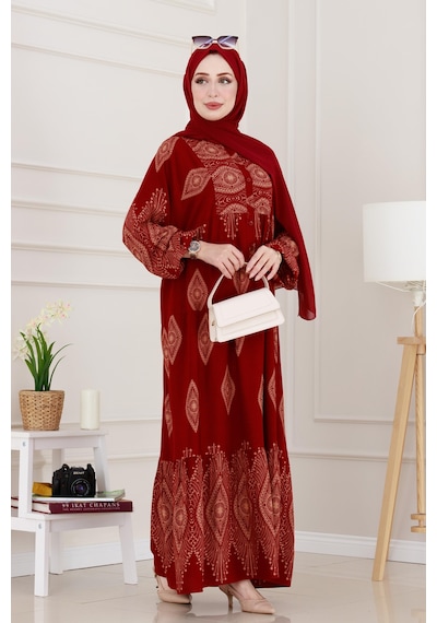 Sevitli Yarım Düğmeli Robalı Hira Elbise-bordo-4935